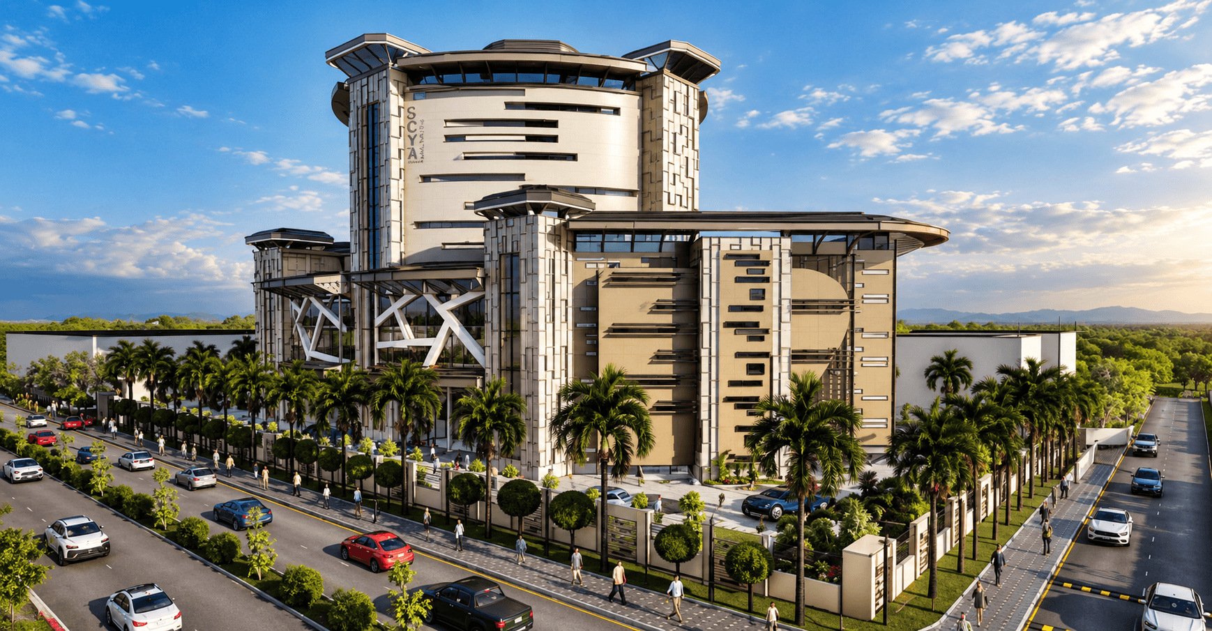Architectural rendering of a contemporary civic building with a cylindrical tower and landscaped approach