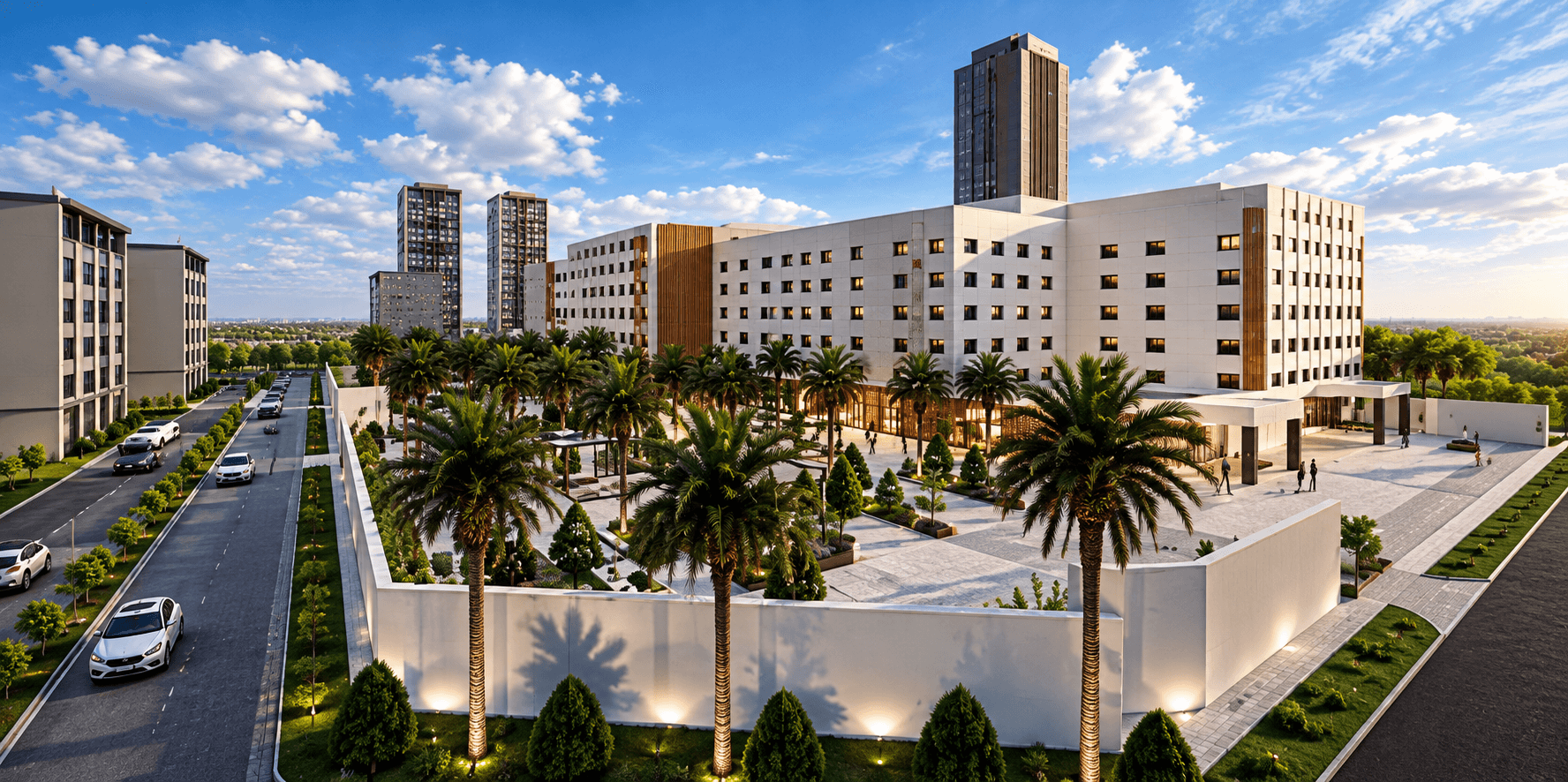 Architectural rendering of an institutional campus arranged around a planted courtyard