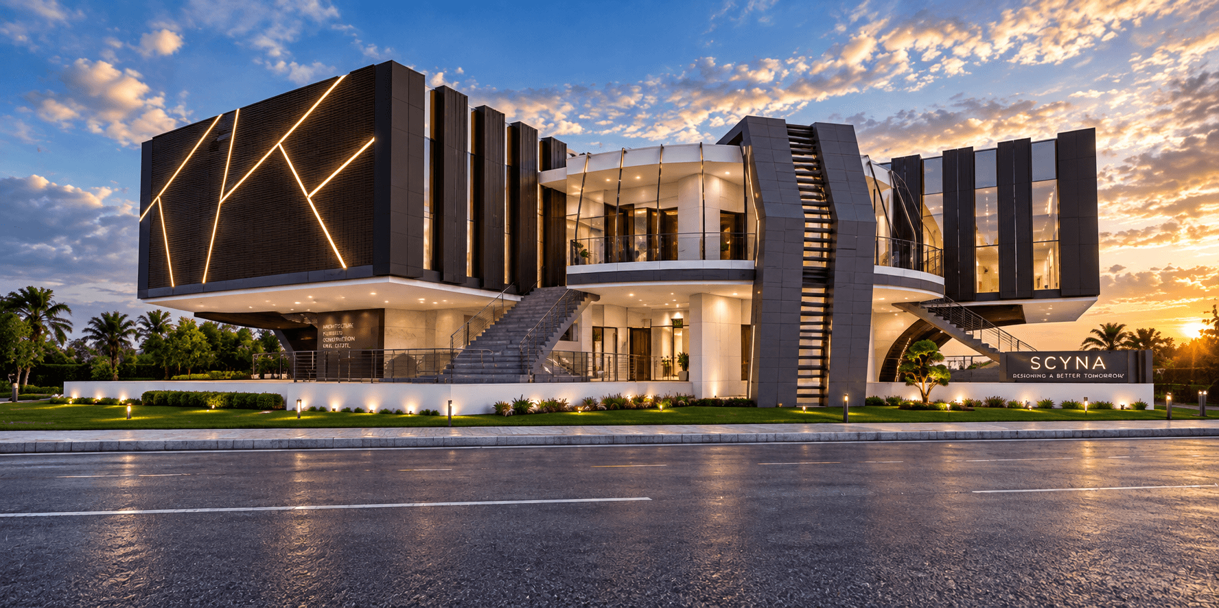 Architectural rendering of a contemporary building at dusk