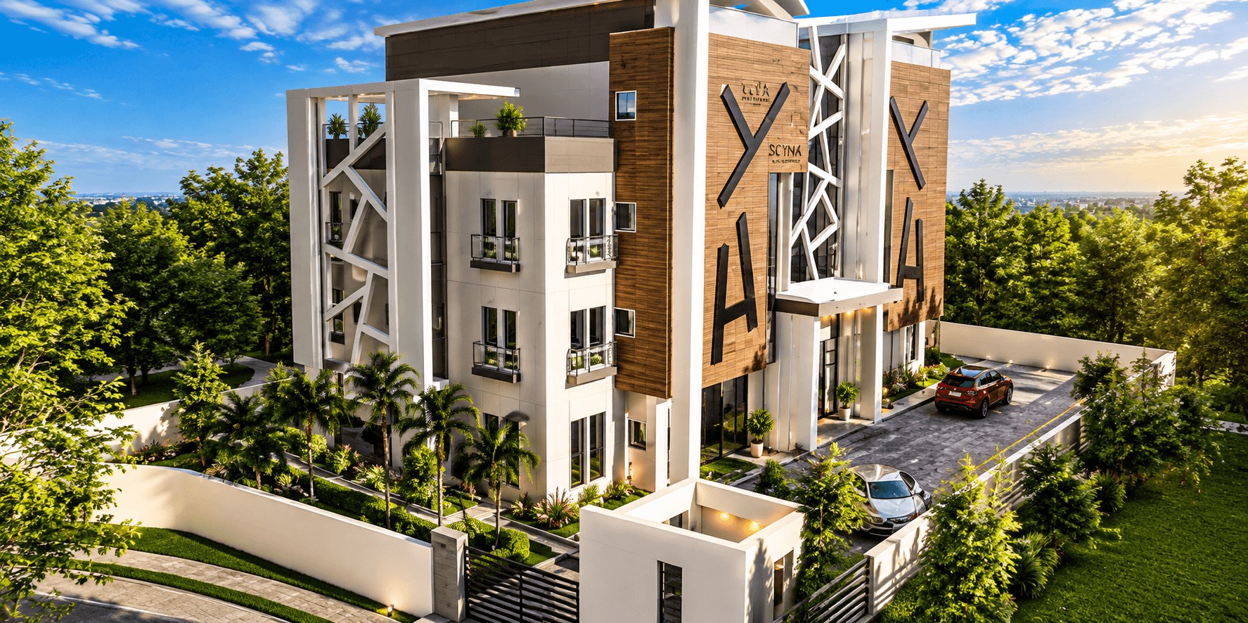 Architectural rendering of a contemporary residence set in landscaped grounds