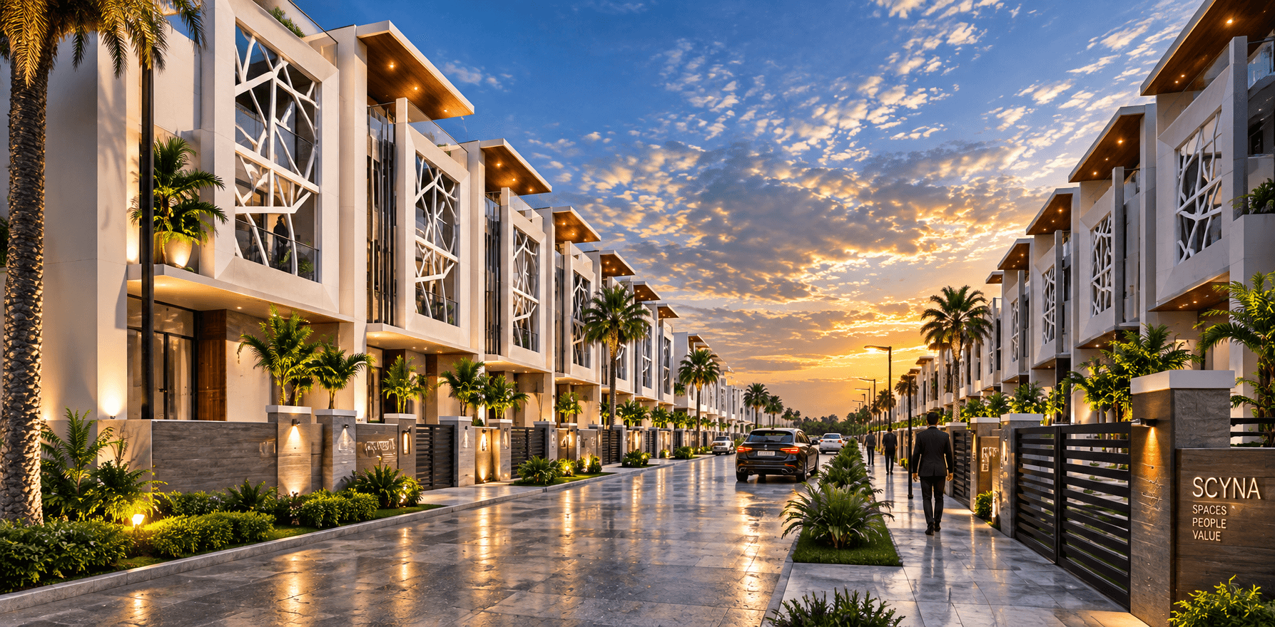 Architectural rendering of a residential street at sunset