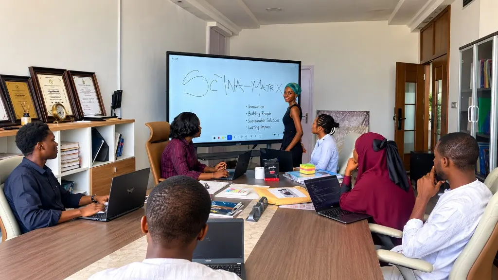 Colleagues seated around a conference table while a team member presents beside a large screen.