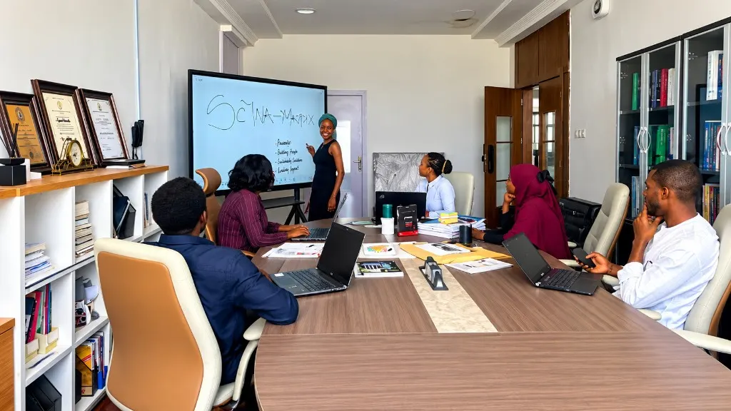 A team member presenting to colleagues seated along a conference table.